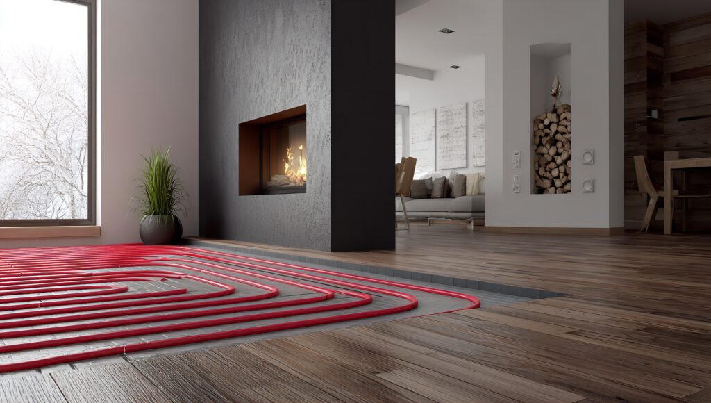 A modern living room with wooden floors, a fireplace, and a cozy seating area. Red underfloor heating pipes are visible beneath a section of open flooring near a large window with a potted plant.
