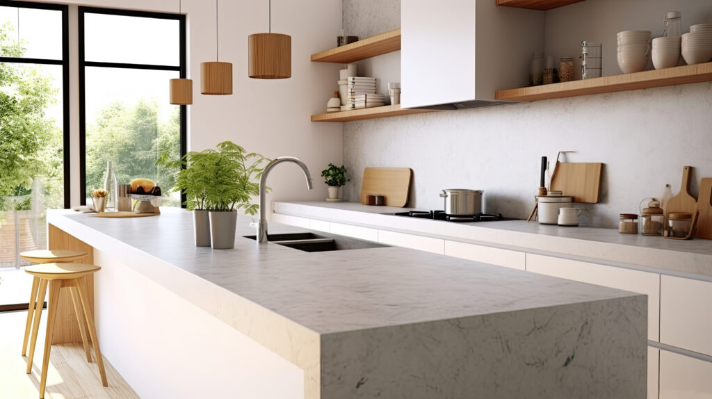 A modern, bright kitchen with a marble island, wooden stools, hanging pendant lights, open shelves with dishes, a sink, potted plants, and large windows letting in natural light.